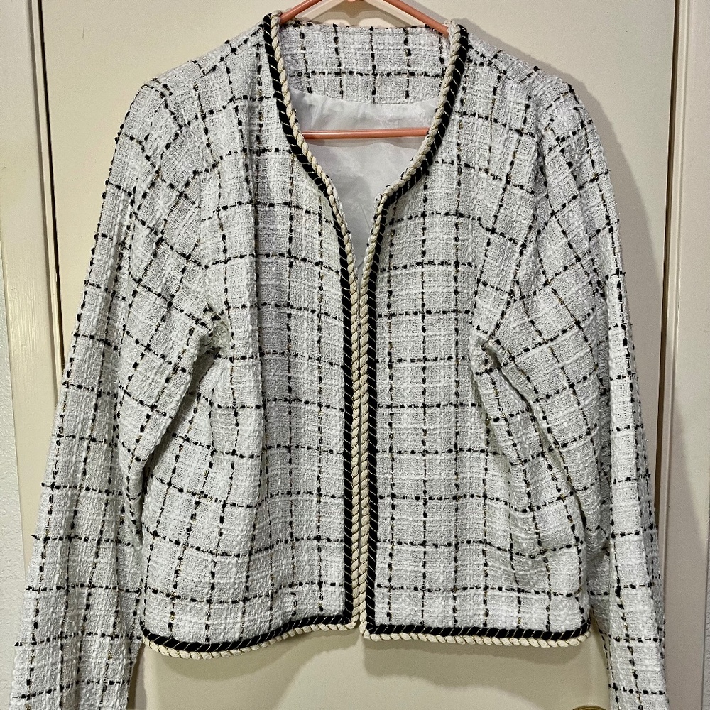 NEW BLACK&WHITE CHECKERED TWEED LINED OPEN BLAZER WITH BRAID TRIM XL